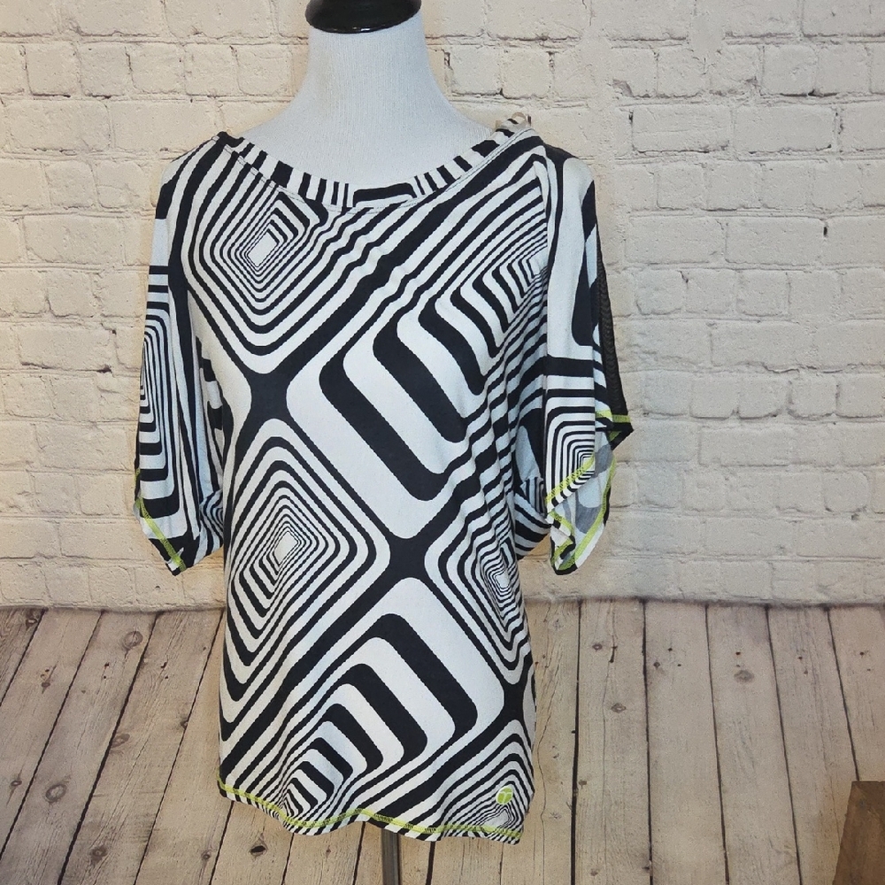 Trina Turk Monochrome Swirl Blouse with Lime Accents